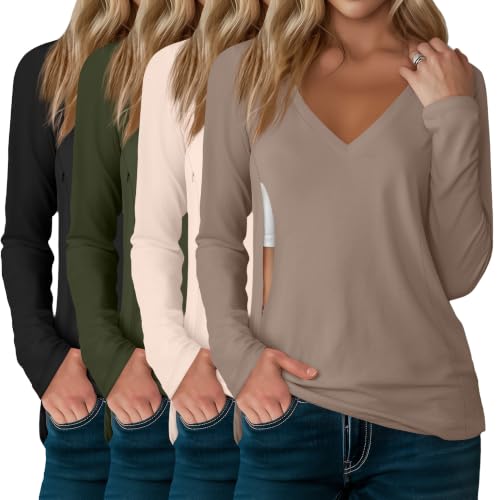 4 Pack Women's Long Sleeve Nursing Maternity Shirts - color: Black, Army Green, Cream, Light Khaki, size: Small