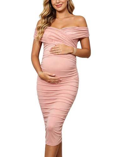 Maternity Midi Dress Off Shoulder Wrap Ruched Bodycon Shower Gown - size: Small