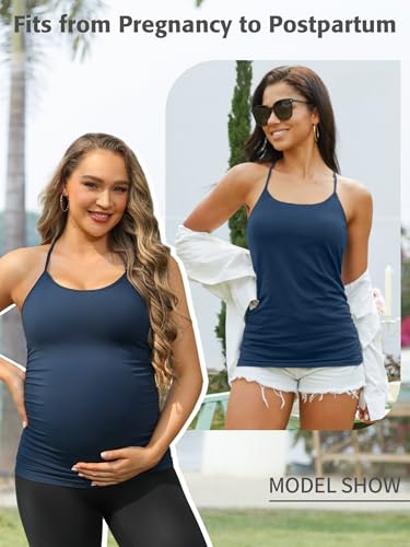 ATTRACO Women's Maternity Tank Tops with Built in Bra Pregnancy Tank - color: Navy, size: X-Large