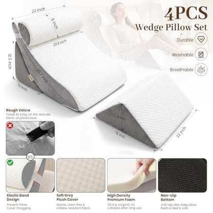 4PCS Wedge Pillow Set,Body Positioner for Post Surgery Recovery - color: White + Gray