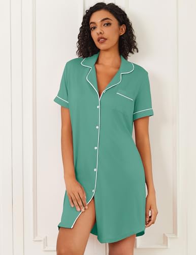 Ekouaer Nightgowns for Women Bamboo Viscose Button Down Sleepshirts - color: Green, size: Medium