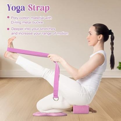 RoundFunny 5 Pcs Yoga Blocks Knee Pads Strap Set Foam Pilates - color: Pink