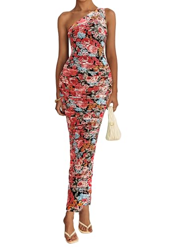 PRETTYGARDEN One Shoulder Maxi Dress Ruched Printed - color: Black Flower, size: Small