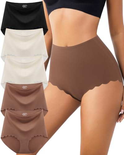 High Waisted Seamless Underwear for Women No Show Panties Full Coverage Scalloped Edge Silky Breathable Briefs 5 Pack - color: Multicolora 5 Pack, size: Large