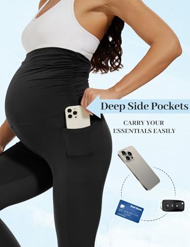 Fotociti Maternity Leggings with Pockets Over Belly Pregnancy Yoga Pants - color: 4-black+coffee, size: Medium