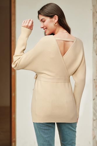 OUGES Womens Soft Cotton Blend Maternity Sweater Wrap V Neck Long Sleeve V Back Fall Shirts Pregnancy Outfits with Belt - color: Apricot, size: XX-Large