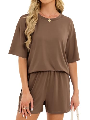 Women's 2 Piece Short Sets Loose Lounge Sets Oversized Summer Matching Sets - color: Coffee, size: XX-Large