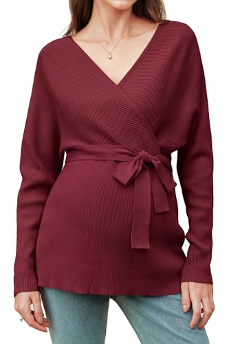 OUGES Womens Soft Cotton Blend Maternity Sweater Wrap V Neck Long Sleeve V Back Fall Shirts Pregnancy Outfits with Belt - color: Wine Red, size: XX-Large