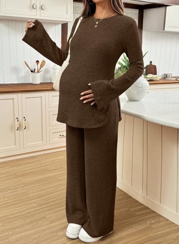 BLENCOT Maternity 2 Piece Outfits Ribbed Knit Long Sleeve Sets - color: Coffee, size: Small