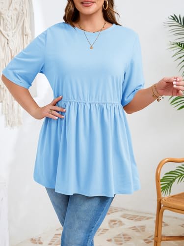 Beautife Womens Plus Size Babydoll Tops Summer Peplum Flowy Tunic Blouses - color: Light Blue, size: 5X-Large Plus