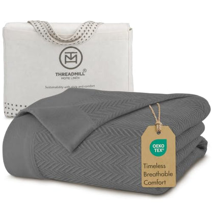 Threadmill Luxury 100% Cotton Queen Herringbone Blanket, Dark Grey - color: Dark Grey, size: Queen (90" x 92")