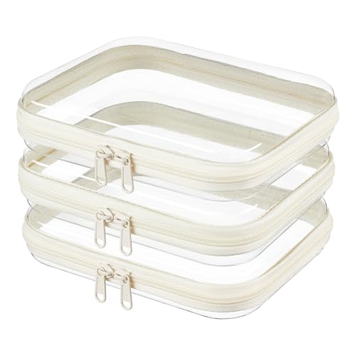 3-PCS Medium Clear Hard Shell Zipper Pouches, Clear Zipper Bags (3M, Ivory) - color: Off White, size: 3M