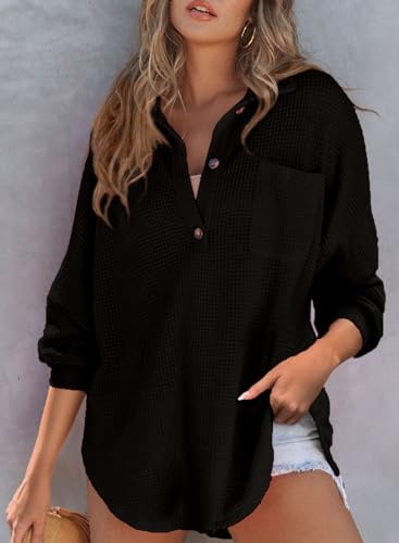 Astylish Women Waffle Knit Tops Henley Shirts - color: Black, size: X-Large