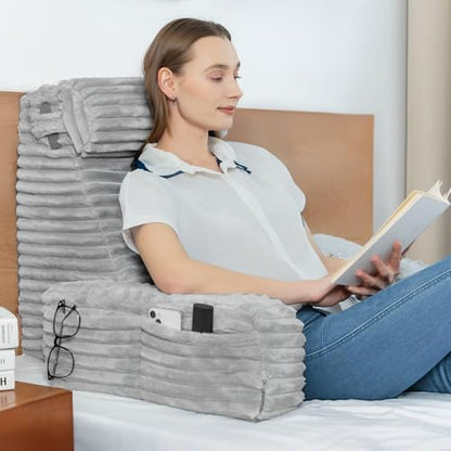 ENITYA 22" XL Back Pillow for Bed Sitting Up with Armrests & Big Pockets - color: Light Grey, size: XL(5'3"-5'11")