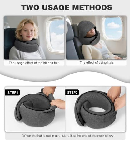 Hat-style travel neck pillow, upgraded version of airplane neck pillow - color: Grey