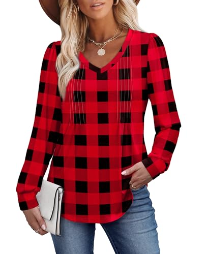Alaroo Long Sleeve Shirts for Women V Neck Tops Pleated Tunic Print - color: Print 01, size: Medium