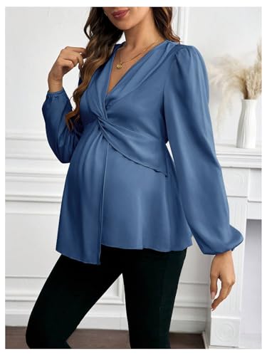 MakeMeChic Women's Maternity Shirts Blouse Satin Work Clothes Babydoll Tops - color: Blue, size: Medium