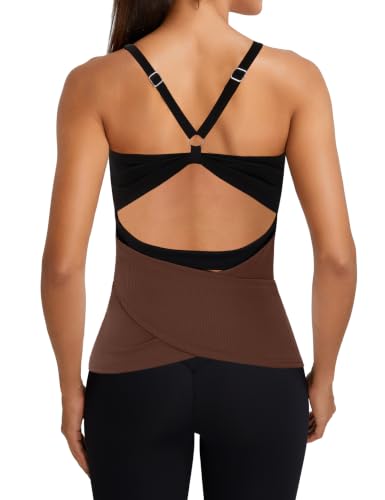 BMJL Womens Workout Tops Built in Bra Open Back Tank Top Running Gym Shirts - color: Brown, size: Medium