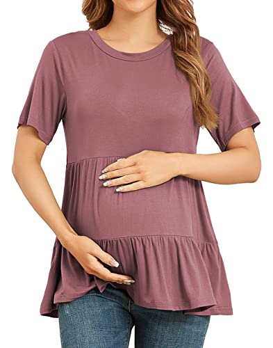 Xpenyo Women's Maternity T Shirts Short Sleeve Tiered Basic Casual Pregnancy Top - color: Mauve, size: Small