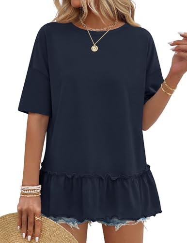 MEROKEETY Women's 2026 Summer Short Sleeve Peplum Casual Ruffle Tops - color: Navy, size: X-Large