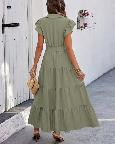dowerme Women Ruffle Sleeve Button Belted Boho Maxi Dress - color: Grey Green, size: X-Large