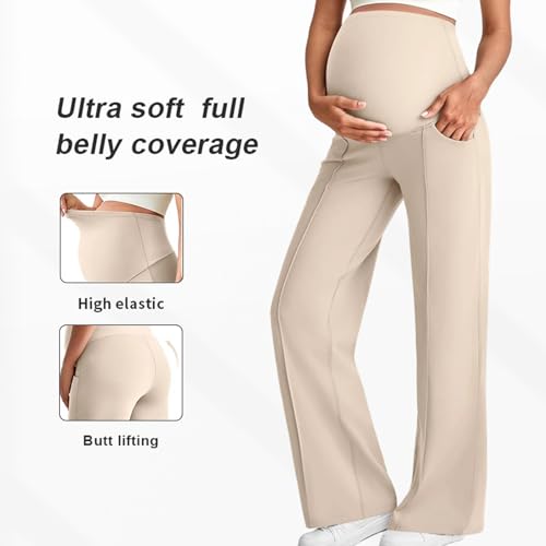 Over The Belly Maternity Wide Leg Yoga Pants - color: Beige, size: Medium