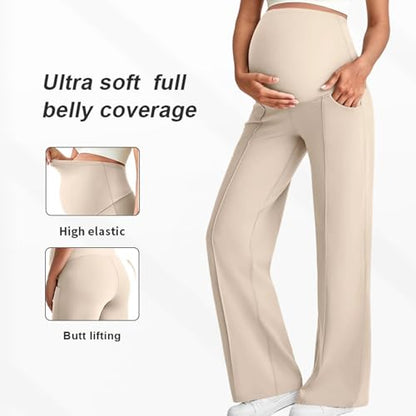 Over The Belly Maternity Wide Leg Yoga Pants - color: Beige, size: Medium