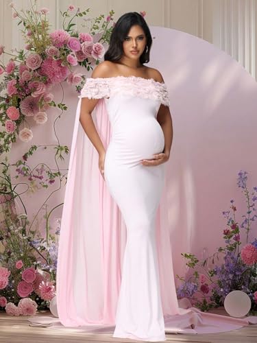 Maternity Mesh Off Shoulder Chiffon Cloak Maxi Photoshoot Dress - color: Pink-a, size: Medium