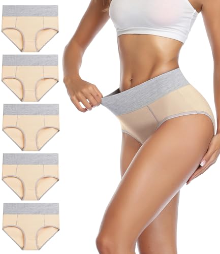 wirarpa Women's Cotton Underwear High Waist Stretch Briefs Soft Underpants Ladies Full Coverage Panties 5 Pack - color: Beige, size: Small