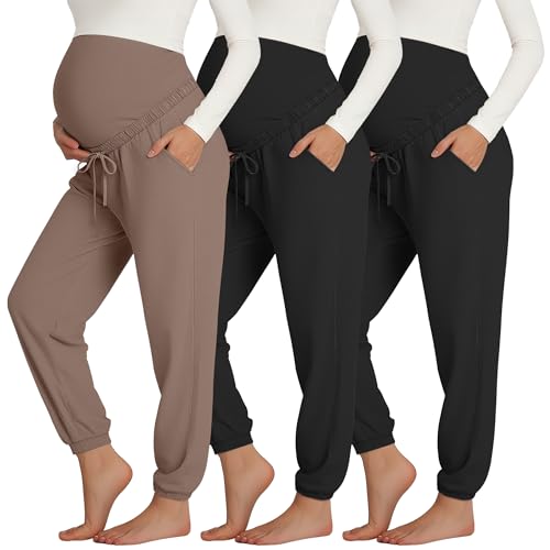 3 Pack Womens Maternity Pants Pregnancy Lounge Jogger - color: Coffee, Black, Black, size: Large