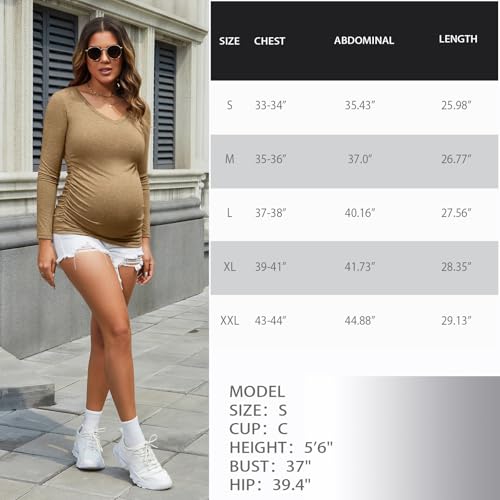 GINKANA Maternity Shirt Long Sleeve Basic Top Ruch Sides Buttons Tshirt for Pregnant - color: Khaki, size: Small