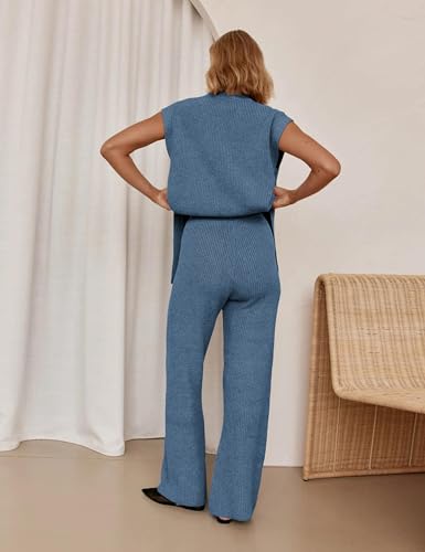 Lviefent Womens 2 Piece Outfits Sweater Set Sleeveless Side Slit Pullover Top Knit Wide Leg Pants Lounge Matching Sets - color: Dustyblue, size: X-Small