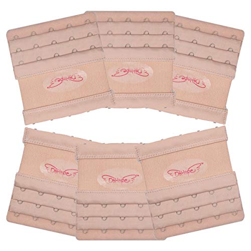 Elastic Bra Extender Strap 5 Hook 3 Row 3/4" Plus Size Bra Extension Band - color: 6pcs Bra Extenders (Dark Beige)