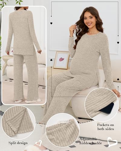 Women's 2 Piece Maternity Ribbed Pajama Outfit - color: Apricot, size: Small