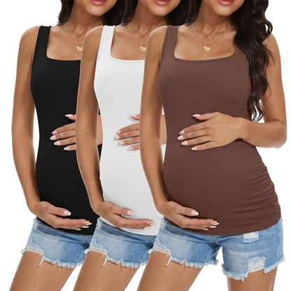 Ekouaer 3 Pack Maternity Tank Tops Square Neck Maternity Shirts - color: Brown/Black/White, size: Medium