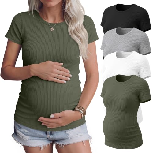 4 Pack Womens Maternity Shirts Work Tees - color: Army Green, White, Light Gray, Black, size: Large