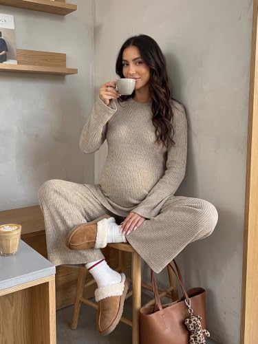 BLENCOT Maternity 2 Piece Outfits Ribbed Knit Long Sleeve Sets - color: Apricot, size: Medium
