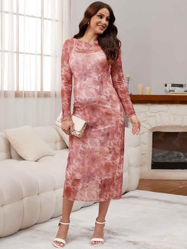 Women's Maternity Mesh Dress 2-Piece Maxi Bodycon Dress - color: Red Floral, size: Large