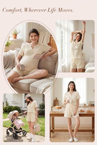 OUGES Women's 100% Soft Cotton Maternity Pajamas Sets Short Sleeve Pregnancy Postpartum 2 Piece Outfits Sleepwear - color: Off-white, size: Large