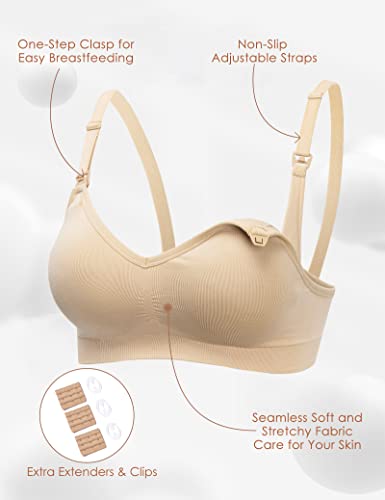 HOFISH Maternity Nursing Bras for Breastfeeding, 3 Pack Pregnancy Deep V Neck Wireless Bra with Extenders & Clips - color: 3pcs/Pack(push Up:beige), size: X-Large