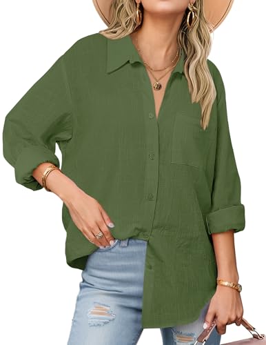 Zeagoo Womens Button Down Shirts Long Sleeve Casual Cotton Gauze Tops - color: Army Green, size: Medium