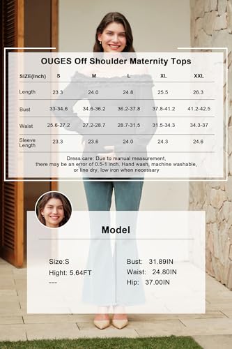 OUGES Womens Cotton Blend Off The Shoulder Maternity Tops Smocked Ruffle Sleeve Blouse Going Out Pregnancy Shirts 2025 - color: Black, size: Medium