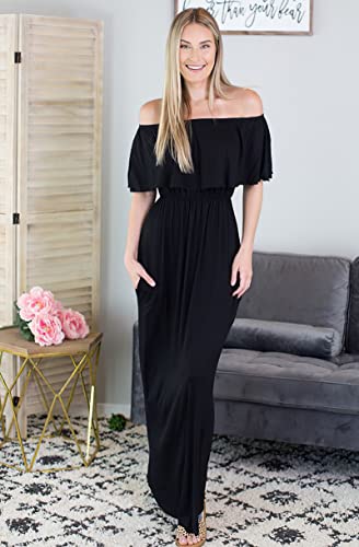 Sarin Mathews Womens Off The Shoulder Ruffle Party Dress Casual Side Split Beach Long Maxi Dresses with Pockets - color: Black, size: Small