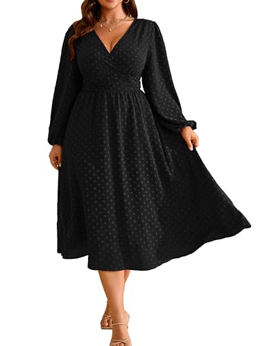 RWJ Women's Plus Size Fall Wedding Guest Dress V Neck Swiss Dot Long Sleeve - color: Black, size: XX-Large Plus