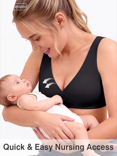 Nursing Bra for Breastfeeding Wireless V Neck Sleep Bra - color: Black, size: Medium