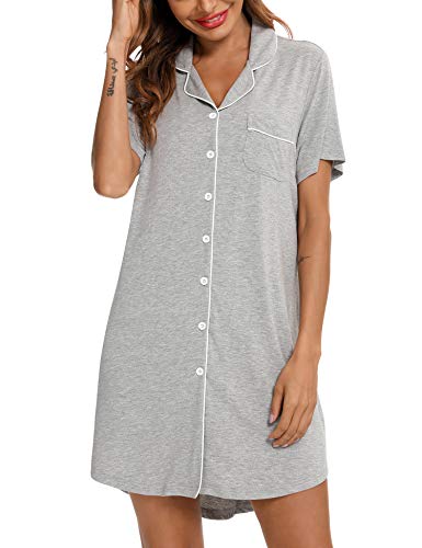 Senert Nightgowns for Women Button Down Sleeve Sleep Shirt Night Gowns - color: Light Grey, size: X-Large