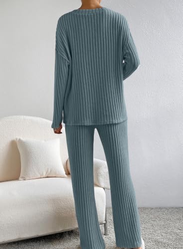 SHEWIN Women's Pajama Sets Ribbed Knit 2 Piece Lounge Sets - color: B Dusk Blue, size: XX-Large