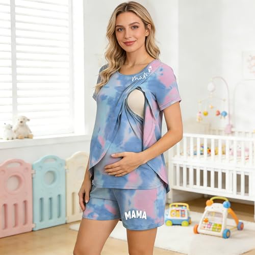 Maternity Nursing 2 Piece Pajama Set Double Layer Breastfeeding Sleepwear - color: A-tie-dye, size: XX-Large