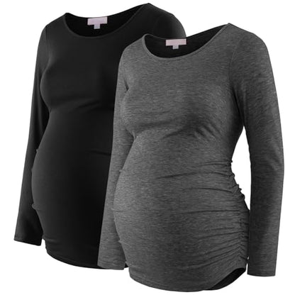 Maternity Shirt Long Sleeve Basic Top Ruch Sides Bodycon Tshirt for Pregnant Women - color: Black/Charcoal Gray, size: Medium