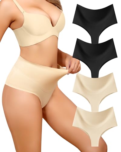 LEVAO 4-Pack Women Tummy Control Thong High Waist Seamless Underwear S-XXL - color: Black*2,nude*2, size: XX-Large